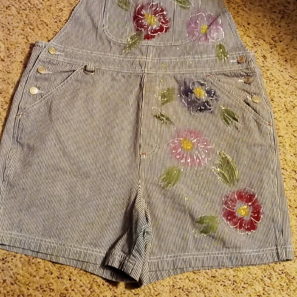 SOLD!! - Vintage Artsy Painted Baccini Denim Jean Shortalls Shorts Overalls Sz L - Picture 4 of 16